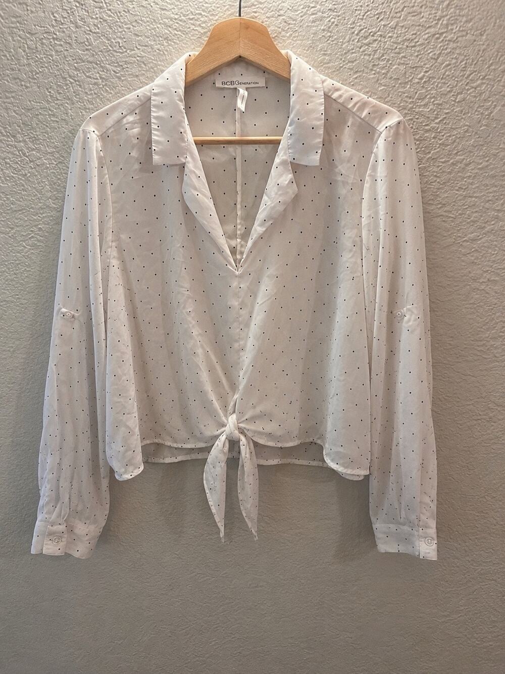 BCBGeneration White Black Satin Polka Dot Tie Front Collared Blouse L Y2K Career